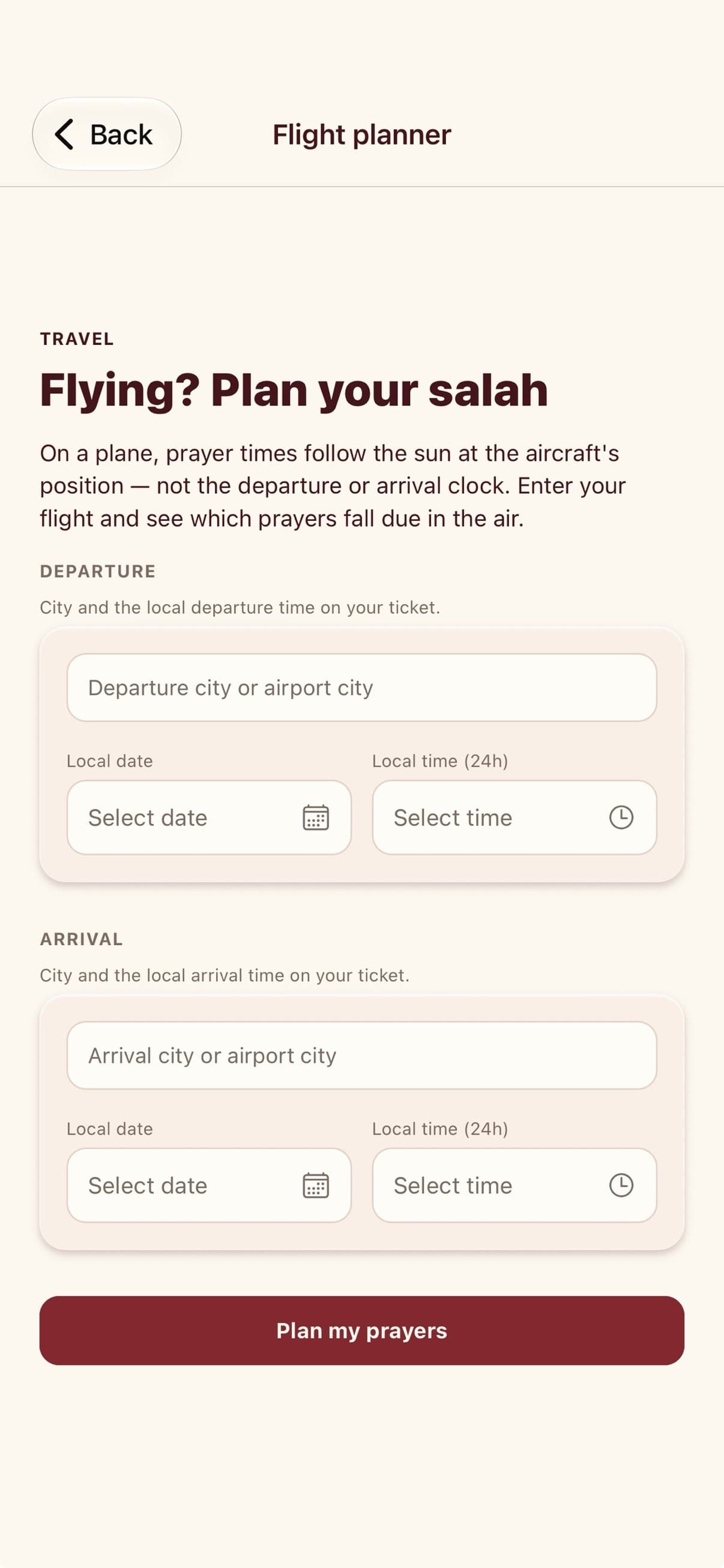Flight planner asking for departure and arrival cities, dates and times