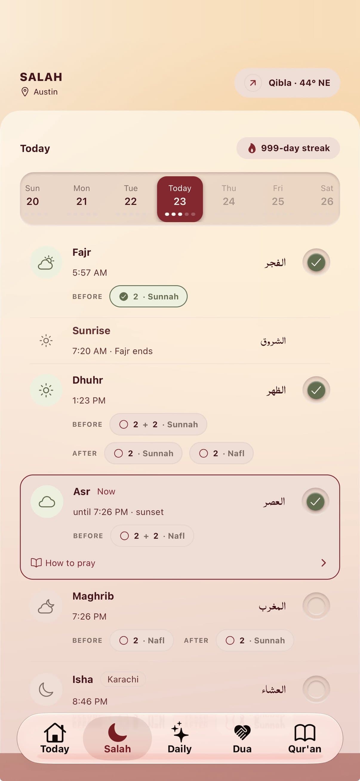 My Amaal Salah screen with the week's prayers and their sunnah