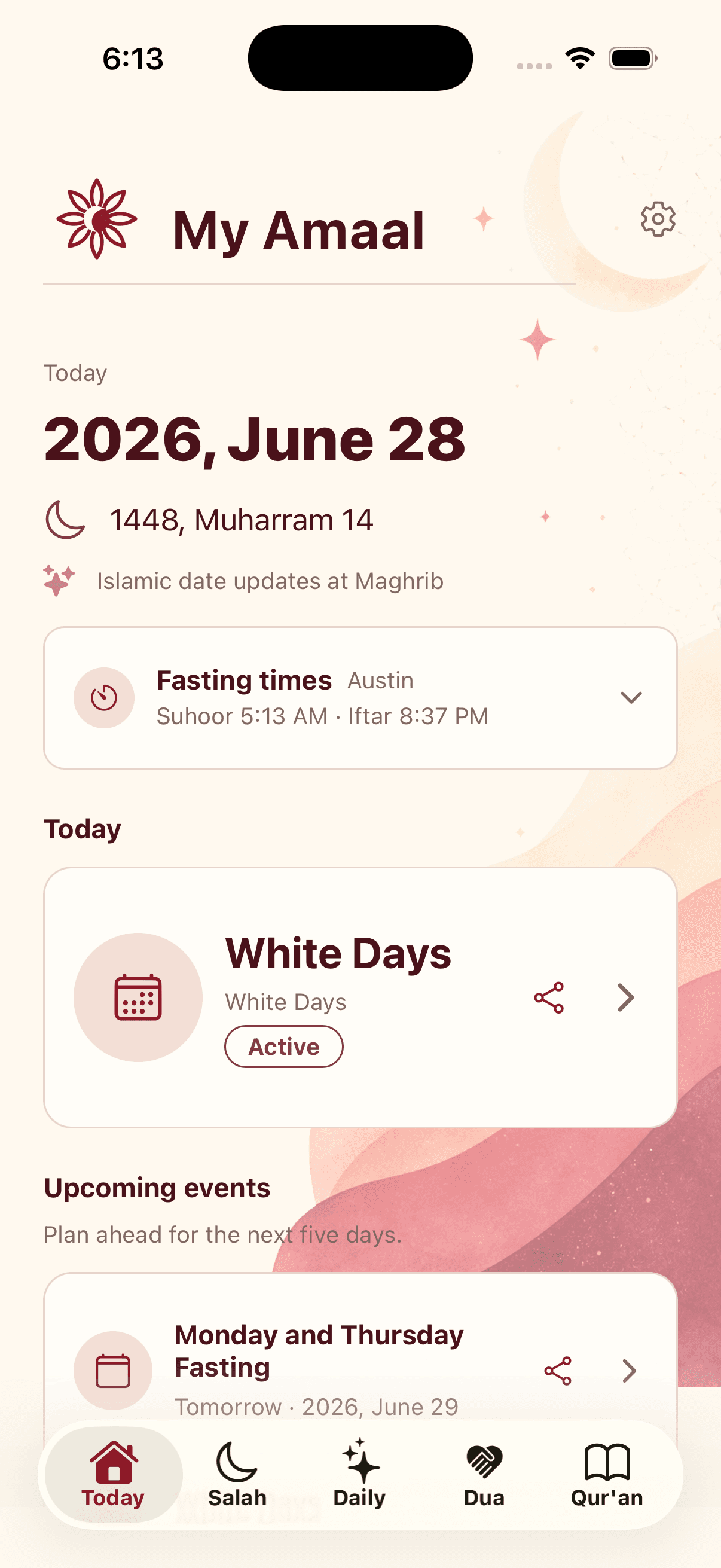 Today screen with Islamic date and events
